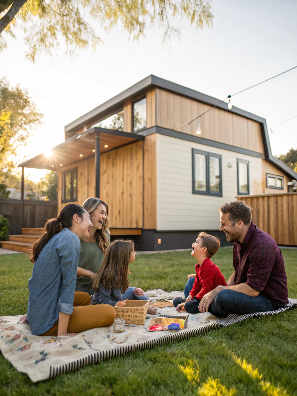 Completed accessory dwelling unit in a landscaped backyard