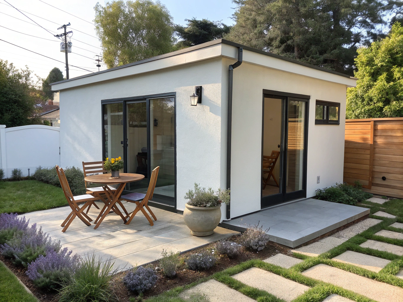 A finished accessory dwelling unit in a landscaped backyard setting
