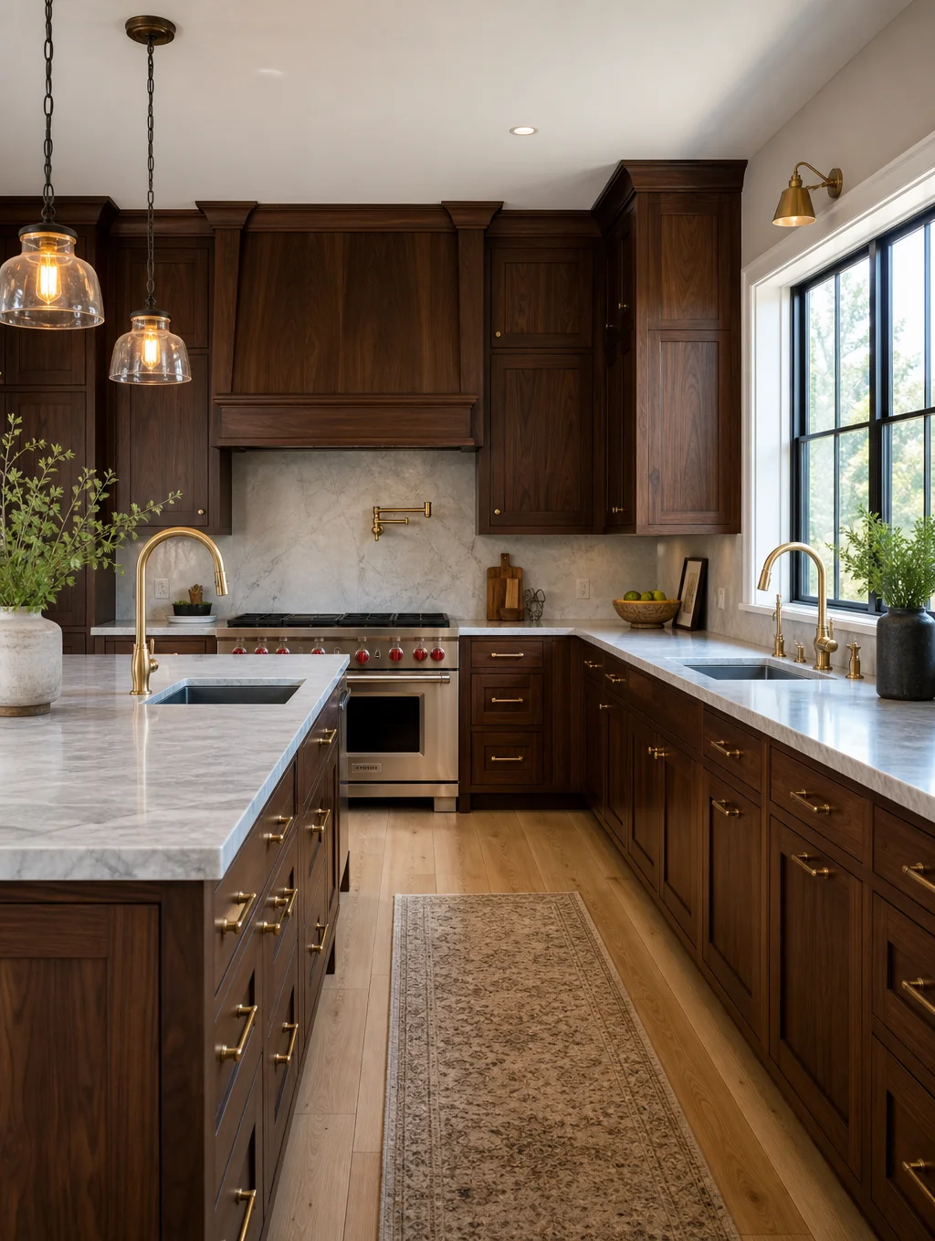 Spacious renovated kitchen with custom cabinetry and marble countertops