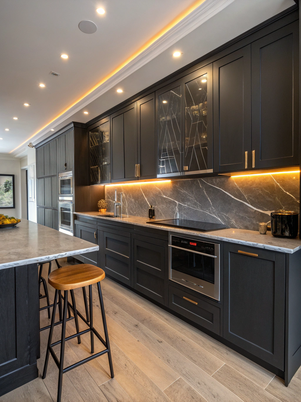 Close-up of a custom kitchen island with marble countertops and pendant lighting
