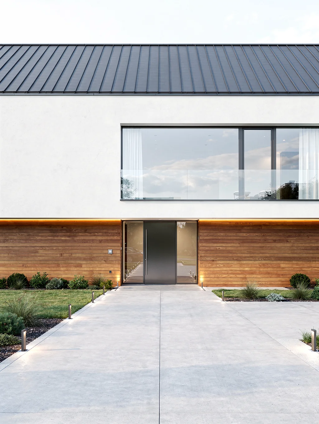 Newly completed modern custom home with clean lines and stone accents