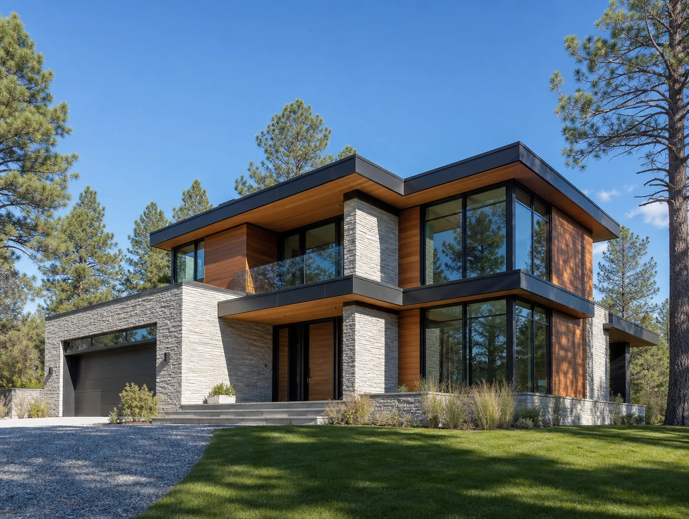 A newly constructed modern home with clean lines and natural wood accents
