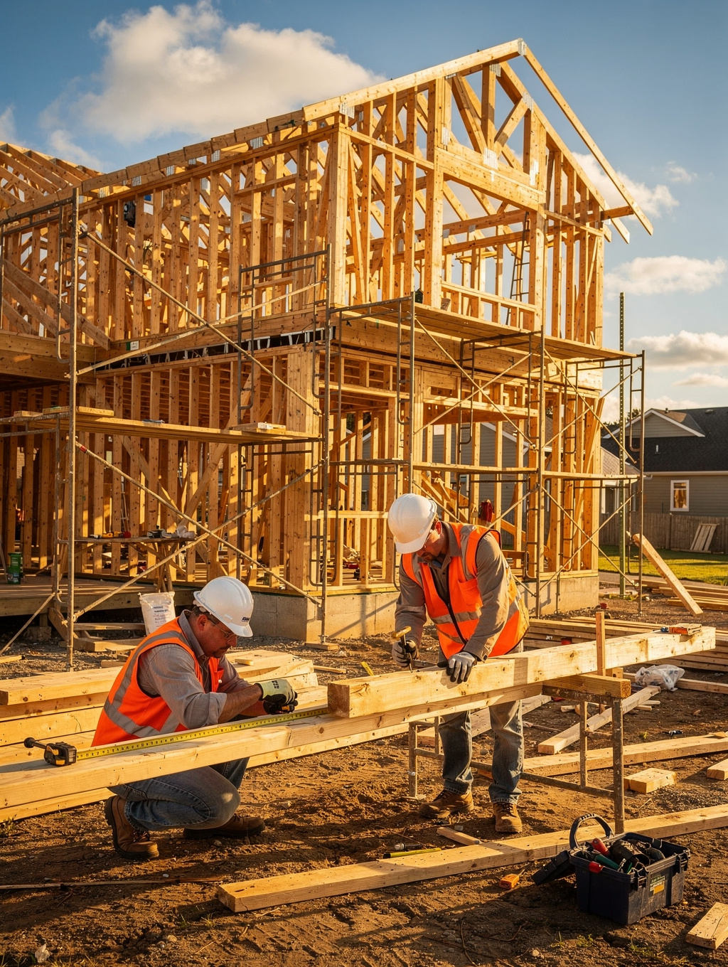 Wooden framing of a new residential home under construction