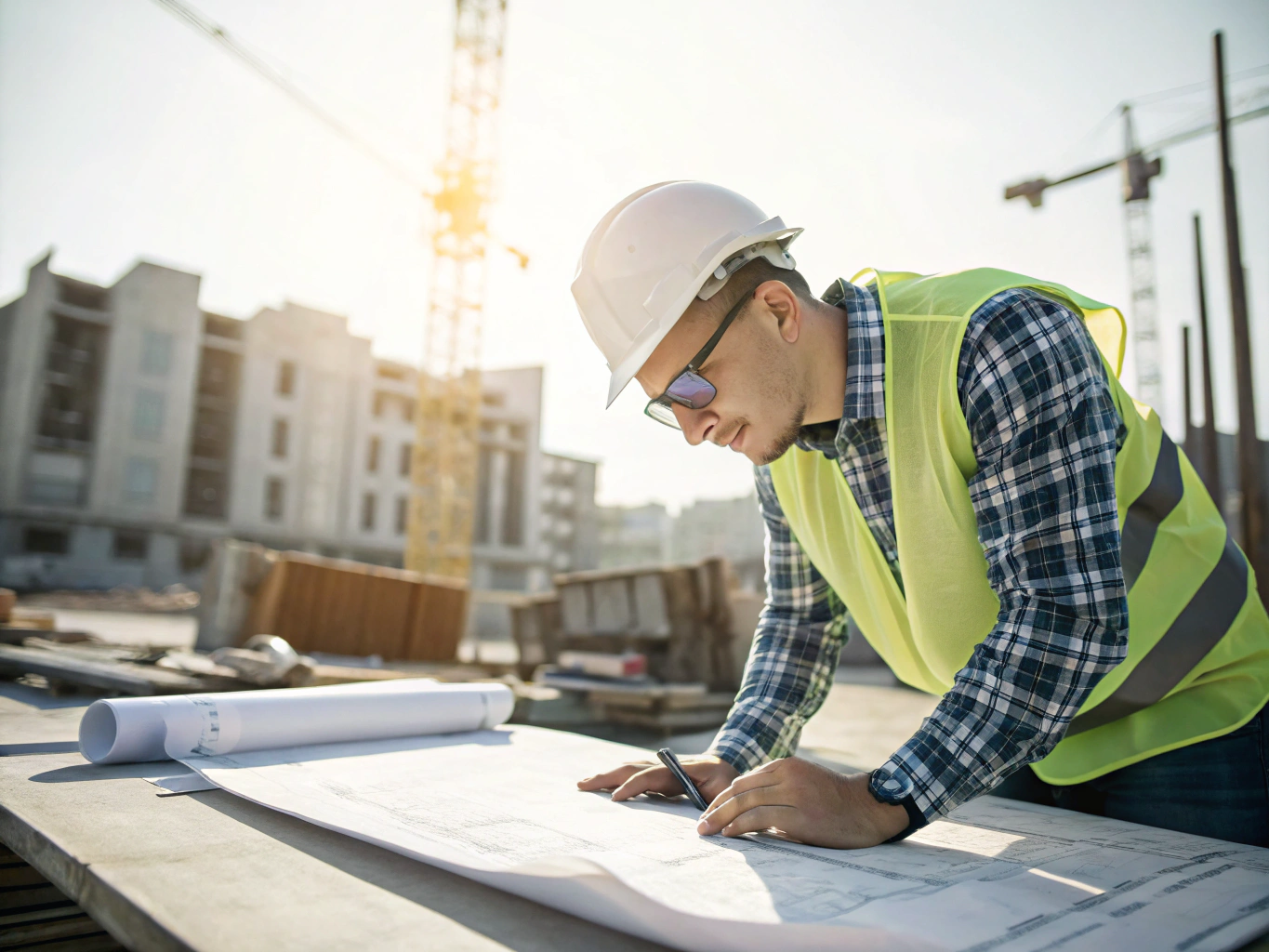 Contractor reviewing blueprints on a construction site