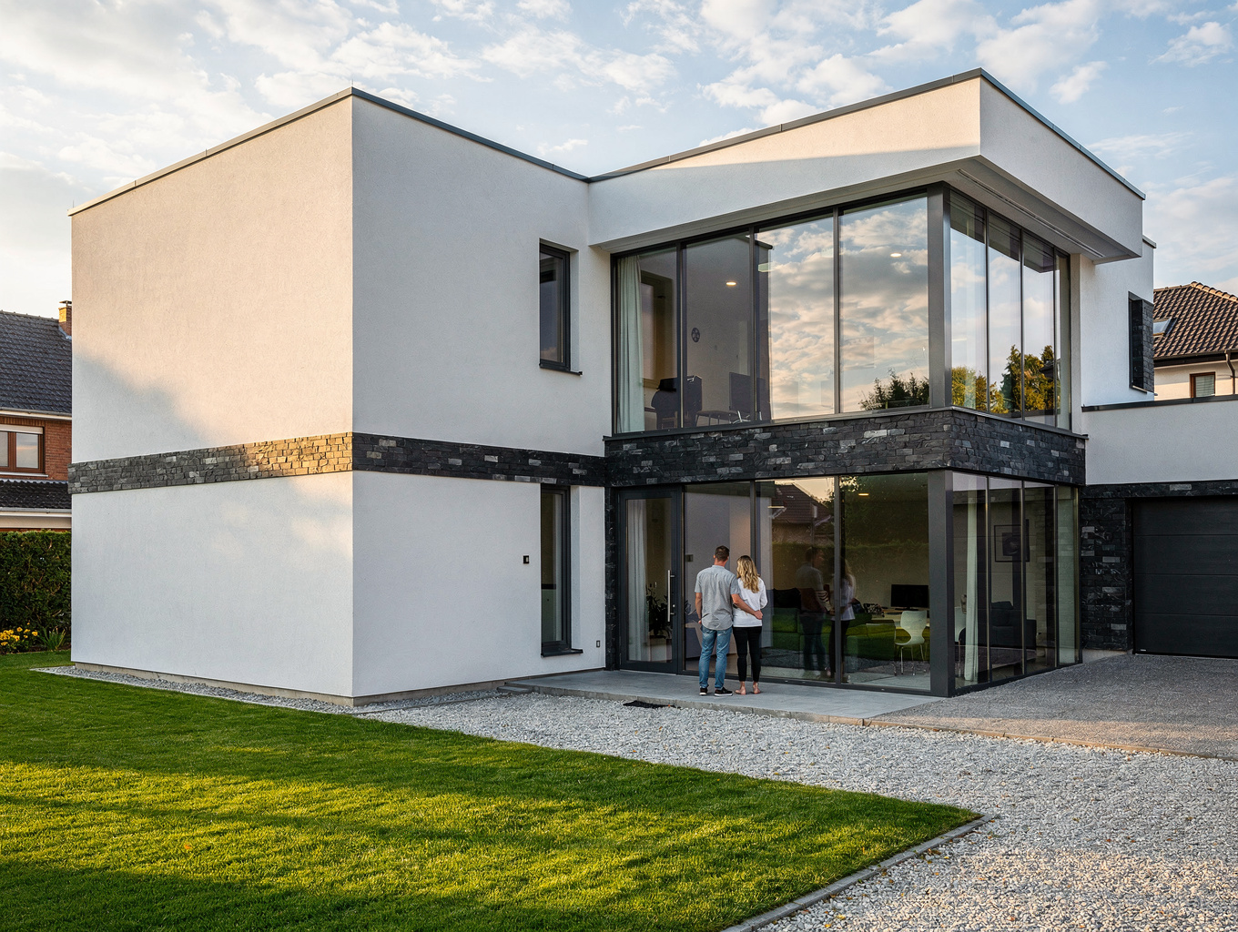 Modern residential room addition with warm wood and stucco finishes